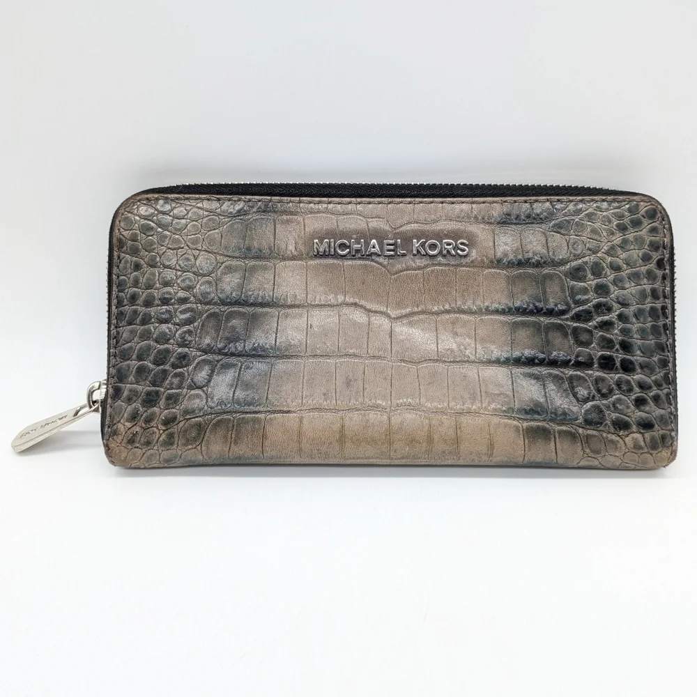 Michael Kors Black Tan Crocodile Leather Zip Wallet